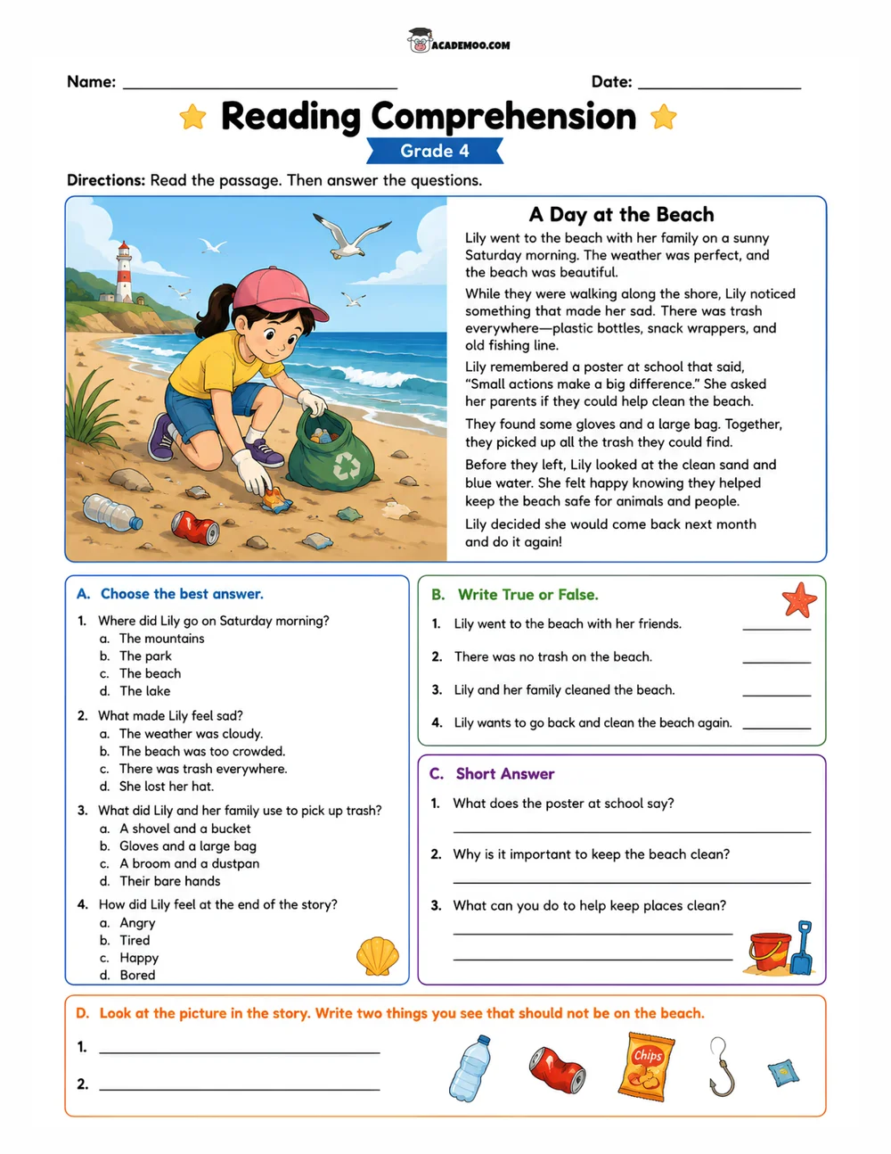 A Day at the Beach worksheet 4th grade language arts printable PDF · Printable A Day at the Beach reading comprehension worksheet for 4th Grade.