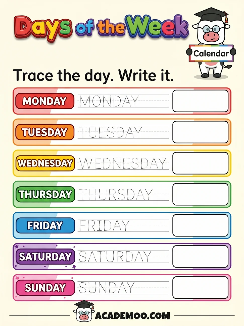 Days of the Week Trace and Write worksheet kindergarten language arts printable PDF · Printable days of the week trace and write worksheet for Kindergarten.