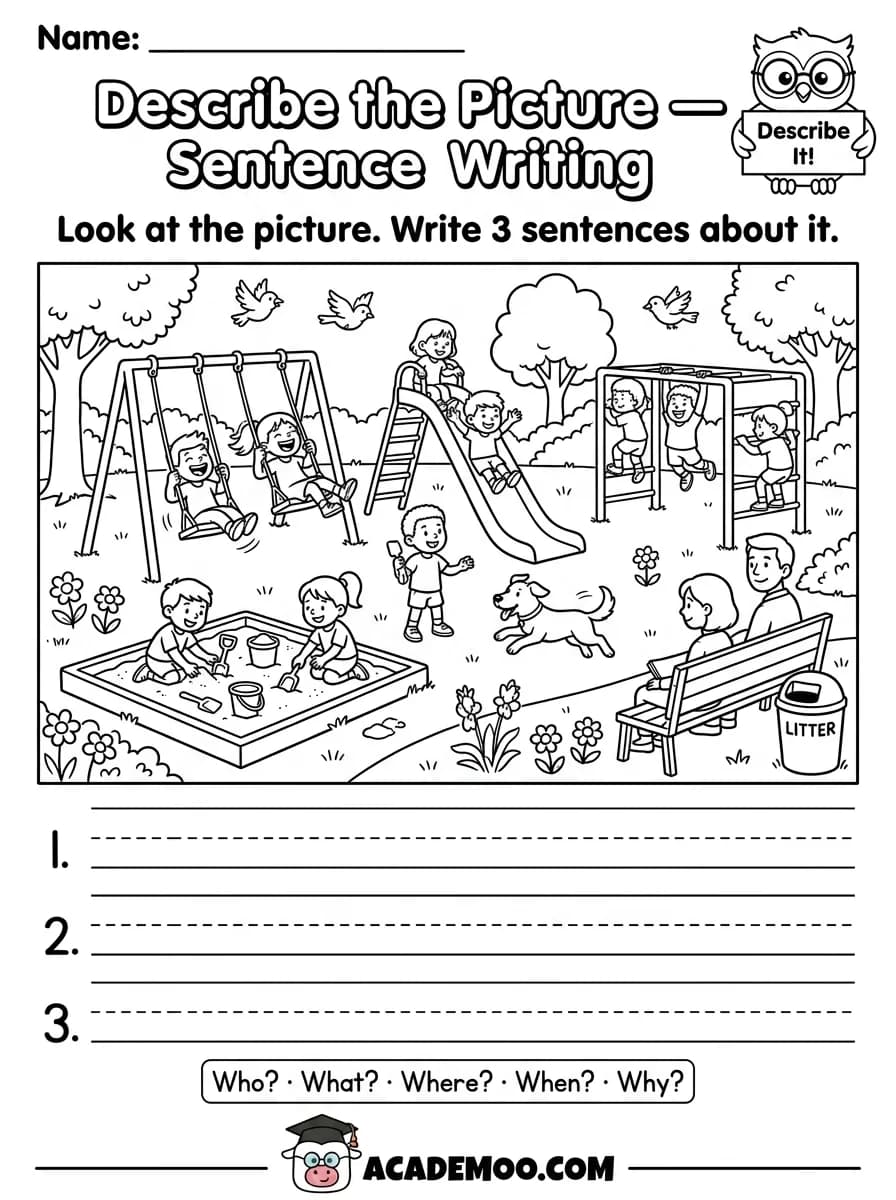Describe the Picture Sentence Writing worksheet 1st grade language arts printable PDF · Printable describe the picture sentence writing worksheet for 1st Grade.