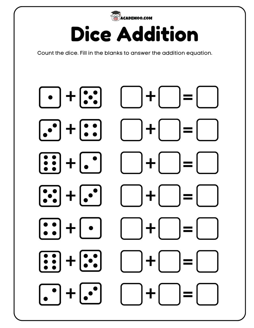 Dice Addition worksheet kindergarten math printable PDF · Printable dice addition worksheet for Kindergarten.