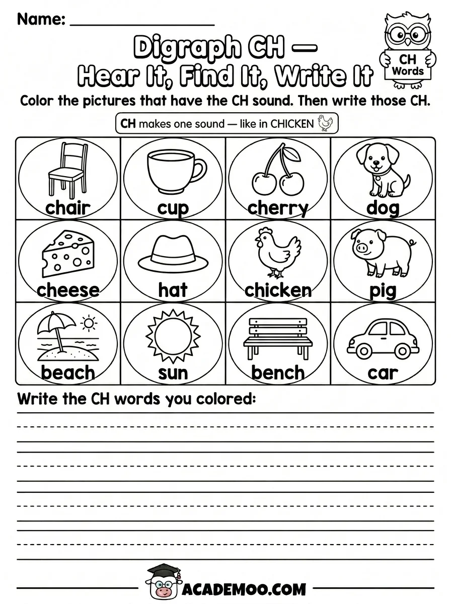 Digraph CH Hear It Find It Write It worksheet 1st grade language arts printable PDF · Printable digraph ch hear it find it write it worksheet for 1st Grade.