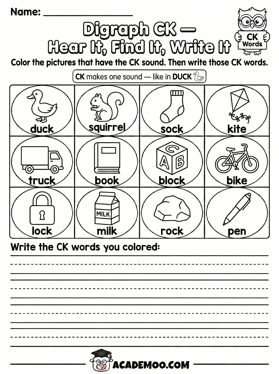 Digraph CK Hear It Find It Write It worksheet 1st grade language arts printable PDF · Printable digraph ck hear it find it write it worksheet for 1st Grade.