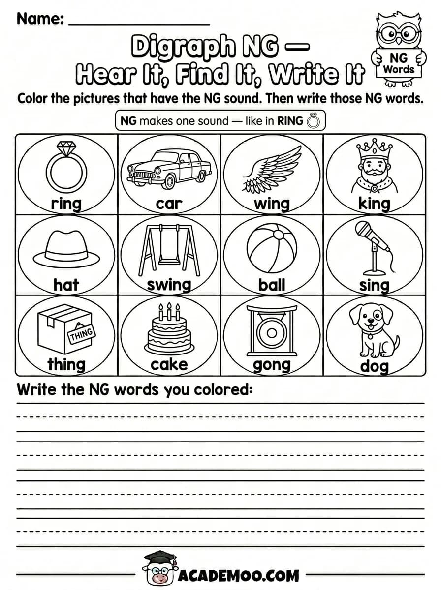 Digraph NG Hear It Find It Write It worksheet 1st grade language arts printable PDF · Printable digraph ng hear it find it write it worksheet for 1st Grade.
