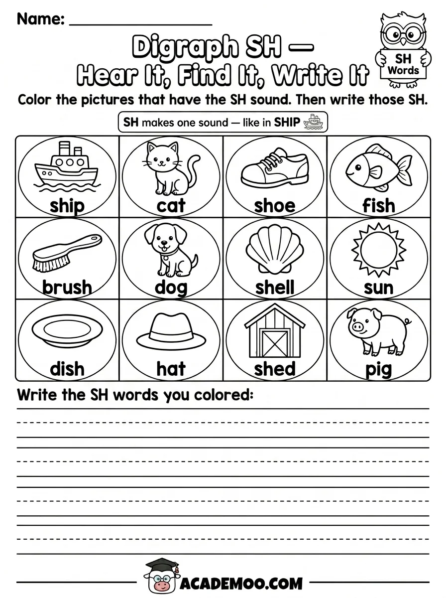Digraph SH Hear It Find It Write It worksheet 1st grade language arts printable PDF · Printable digraph sh hear it find it write it worksheet for 1st Grade.