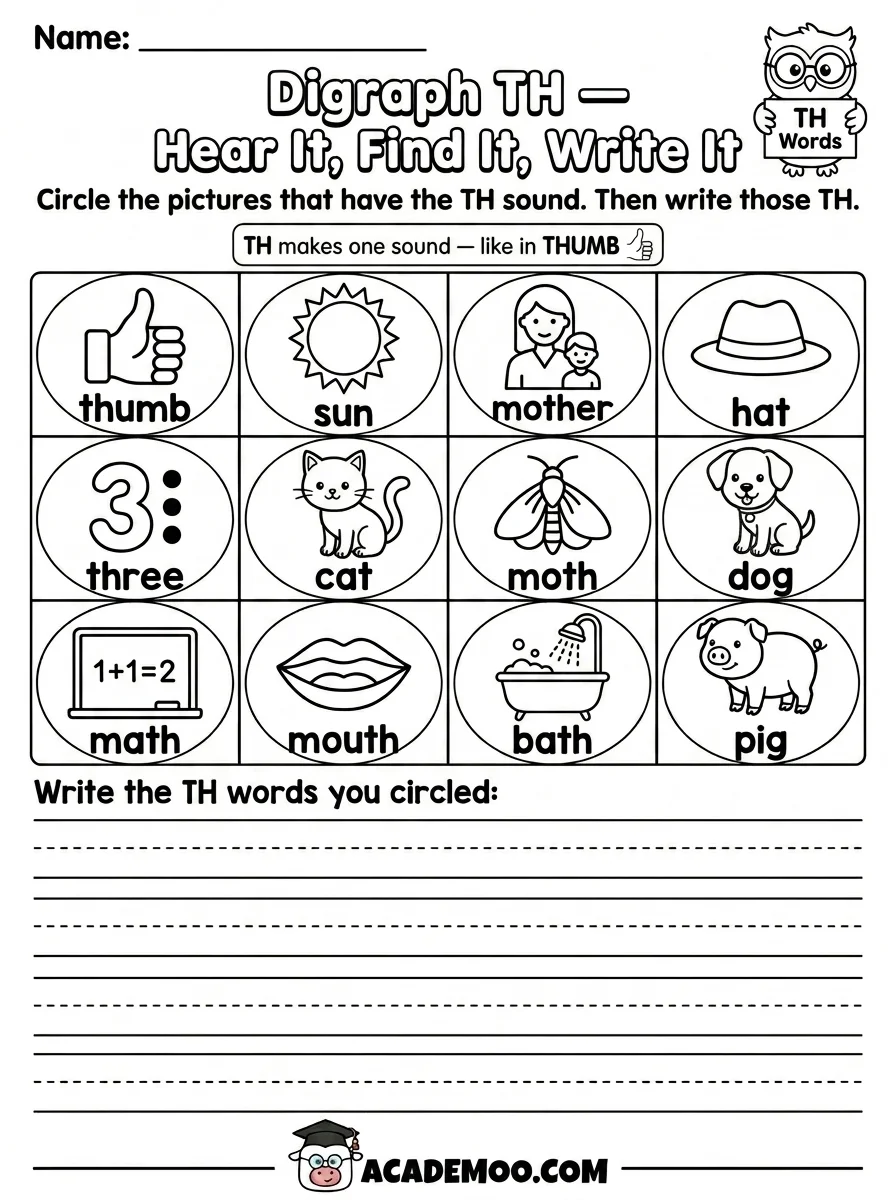 Digraph TH Hear It Find It Write It worksheet 1st grade language arts printable PDF · Printable digraph th hear it find it write it worksheet for 1st Grade.
