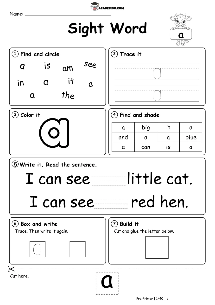 Dolch Pre-Primer and Primer Sight Word Worksheets worksheet kindergarten language arts printable PDF · Printable 92-page Dolch sight word worksheet pack for Kindergarten.