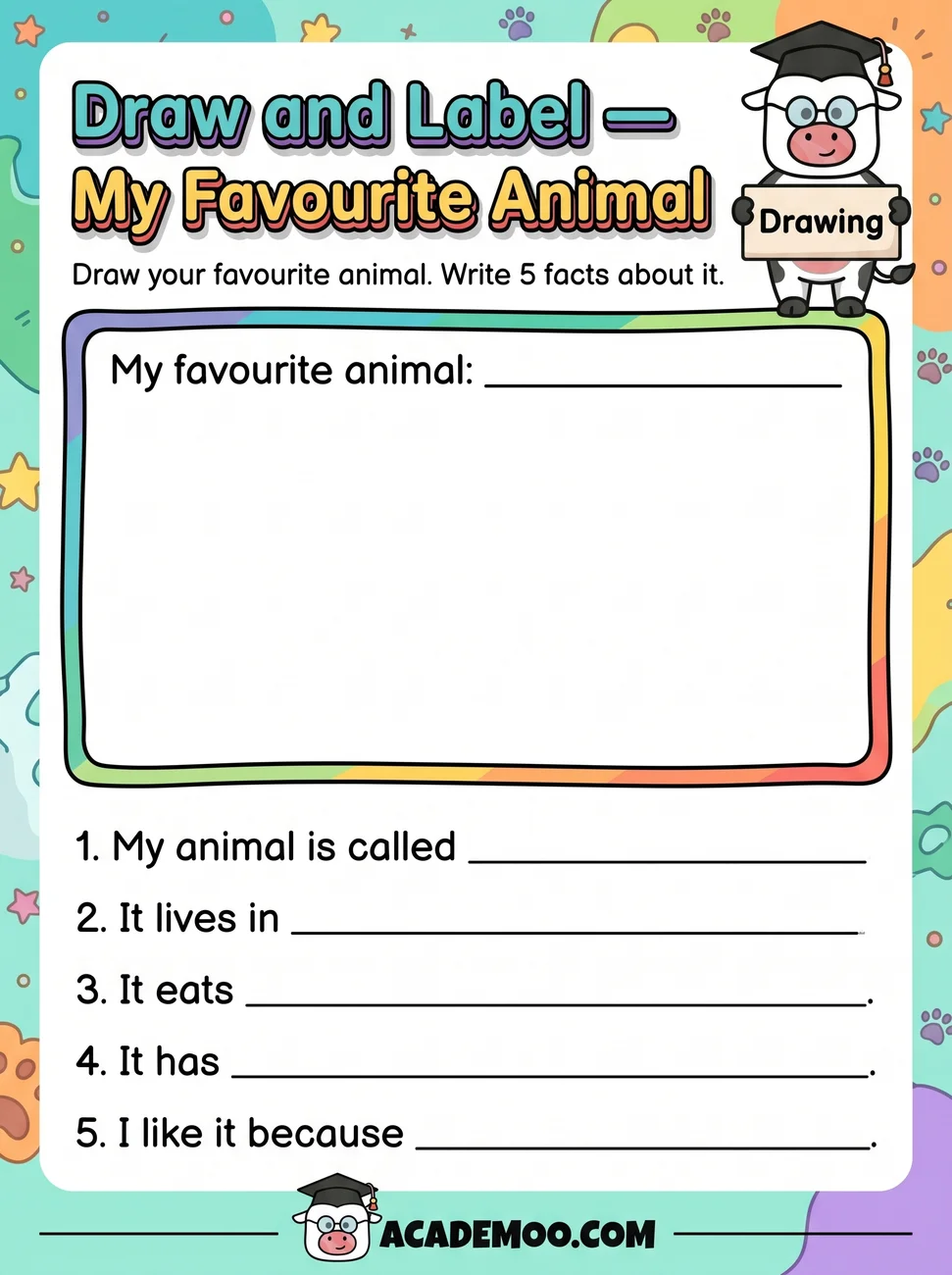 Draw and Label My Favorite Animal worksheet 1st grade language arts printable PDF · Free printable draw and label my favorite animal worksheet for 1st Grade.