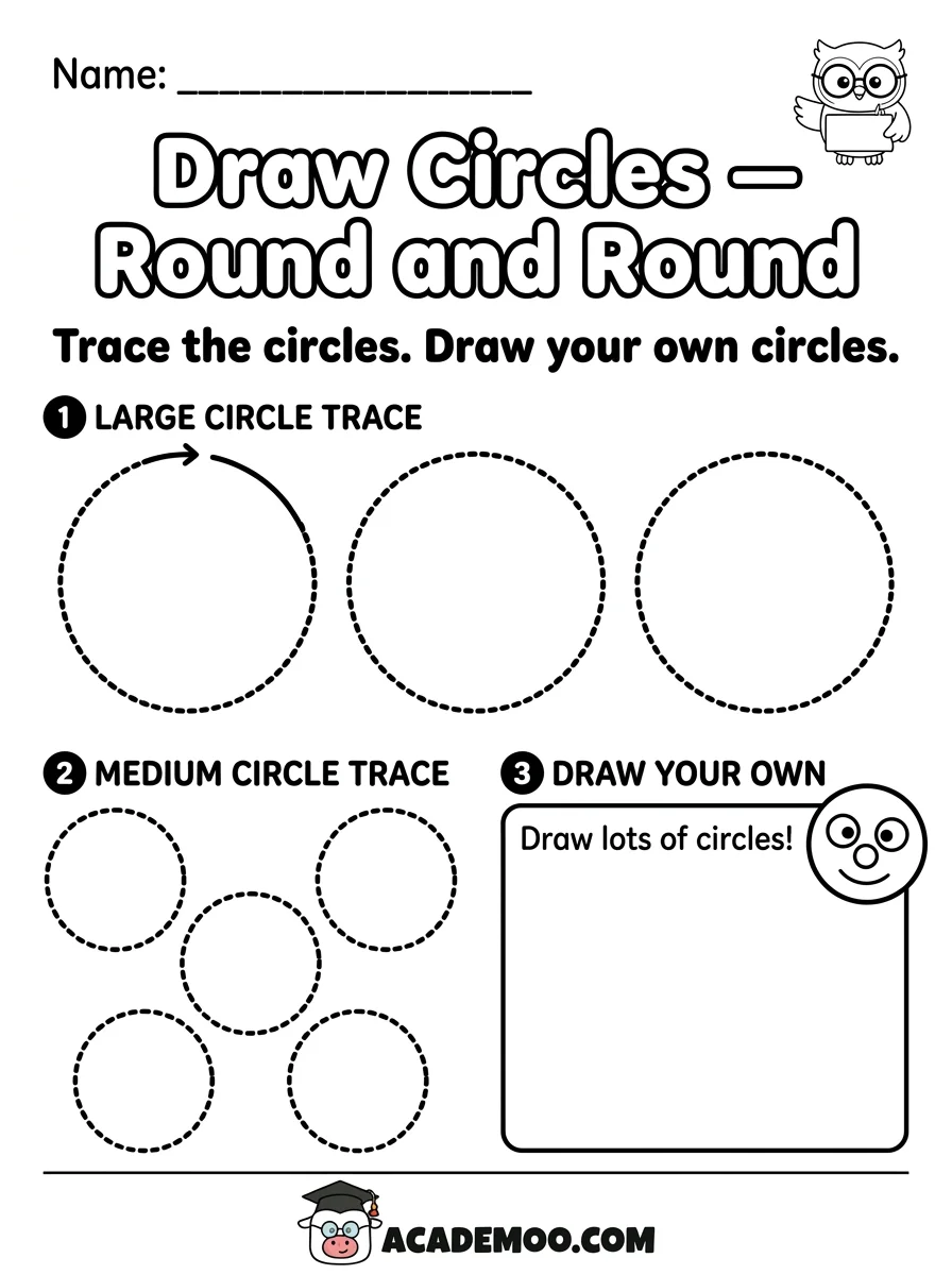 Draw Circles Round and Round worksheet pre-k math printable PDF · Printable draw circles round and round worksheet for Pre-K.