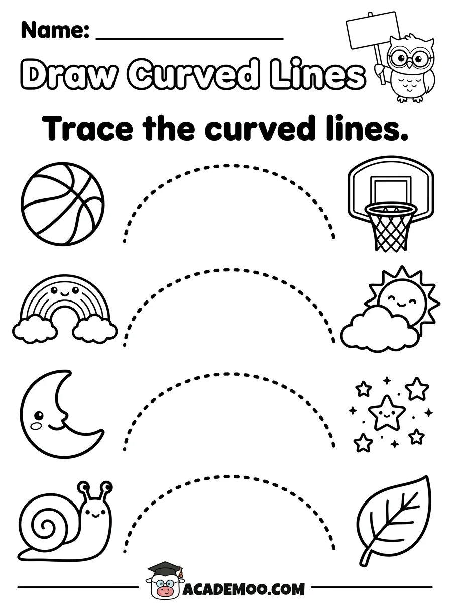 Draw Curved Lines worksheet pre-k language arts printable PDF · Printable draw curved lines worksheet for Pre-K.