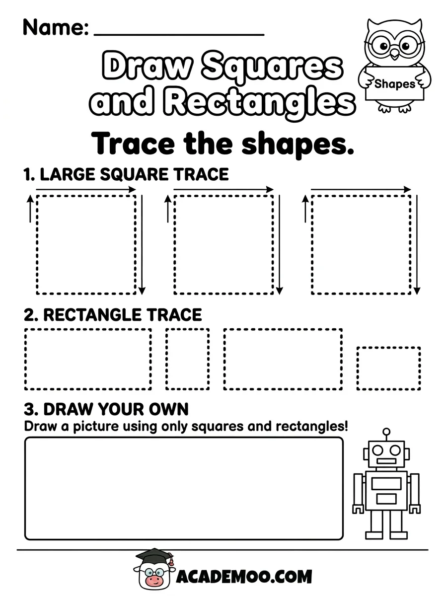 Draw Squares and Rectangles worksheet pre-k math printable PDF · Printable draw squares and rectangles worksheet for Pre-K.