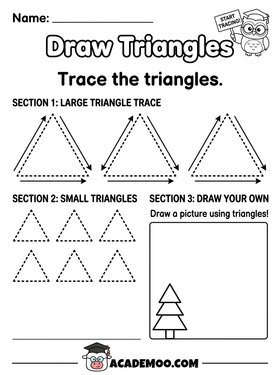 Draw Triangles worksheet pre-k math printable PDF · Printable draw triangles worksheet for Pre-K.