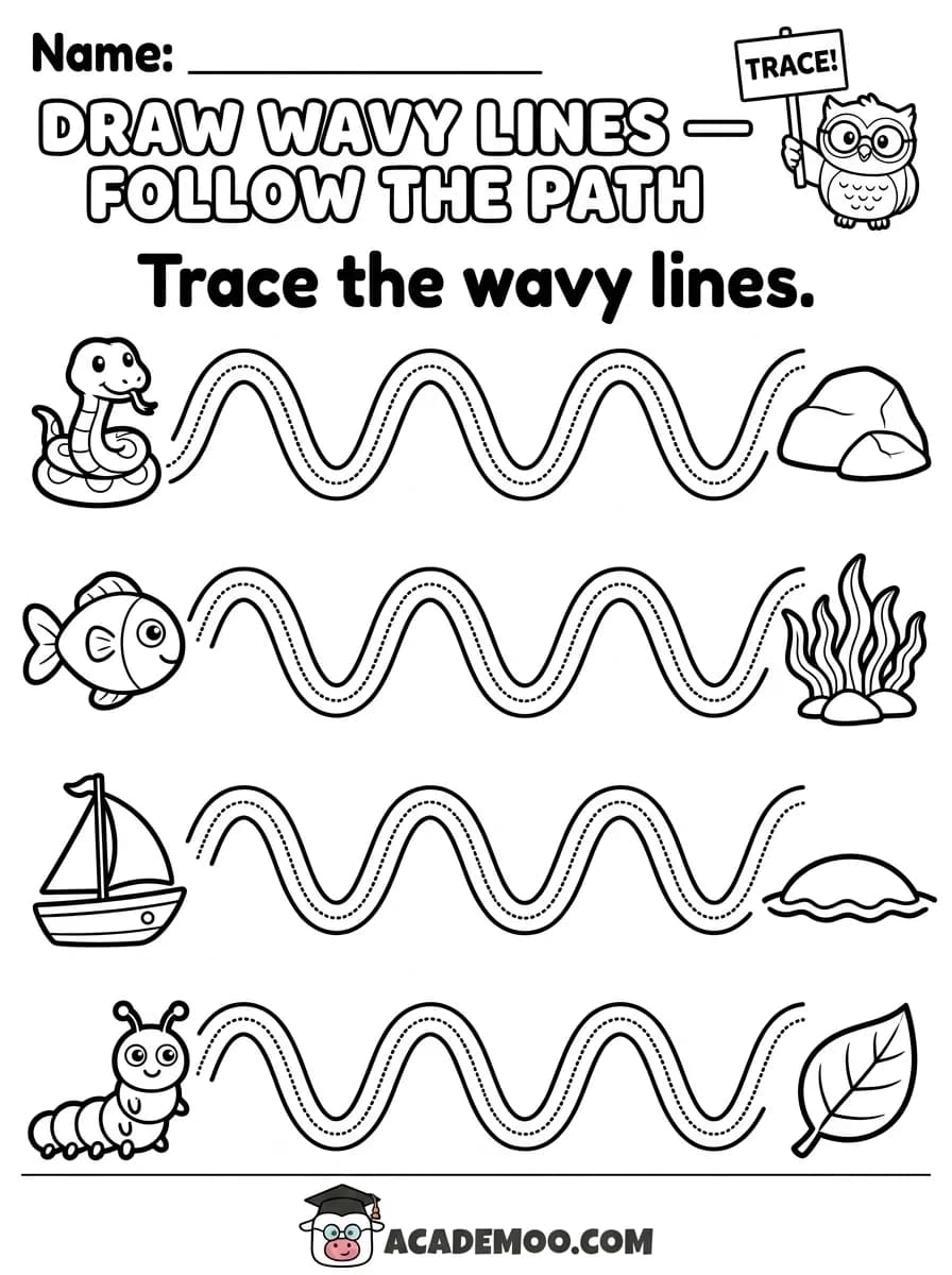 Draw Wavy Lines Follow the Path worksheet pre-k language arts printable PDF · Printable draw wavy lines follow the path worksheet for Pre-K.