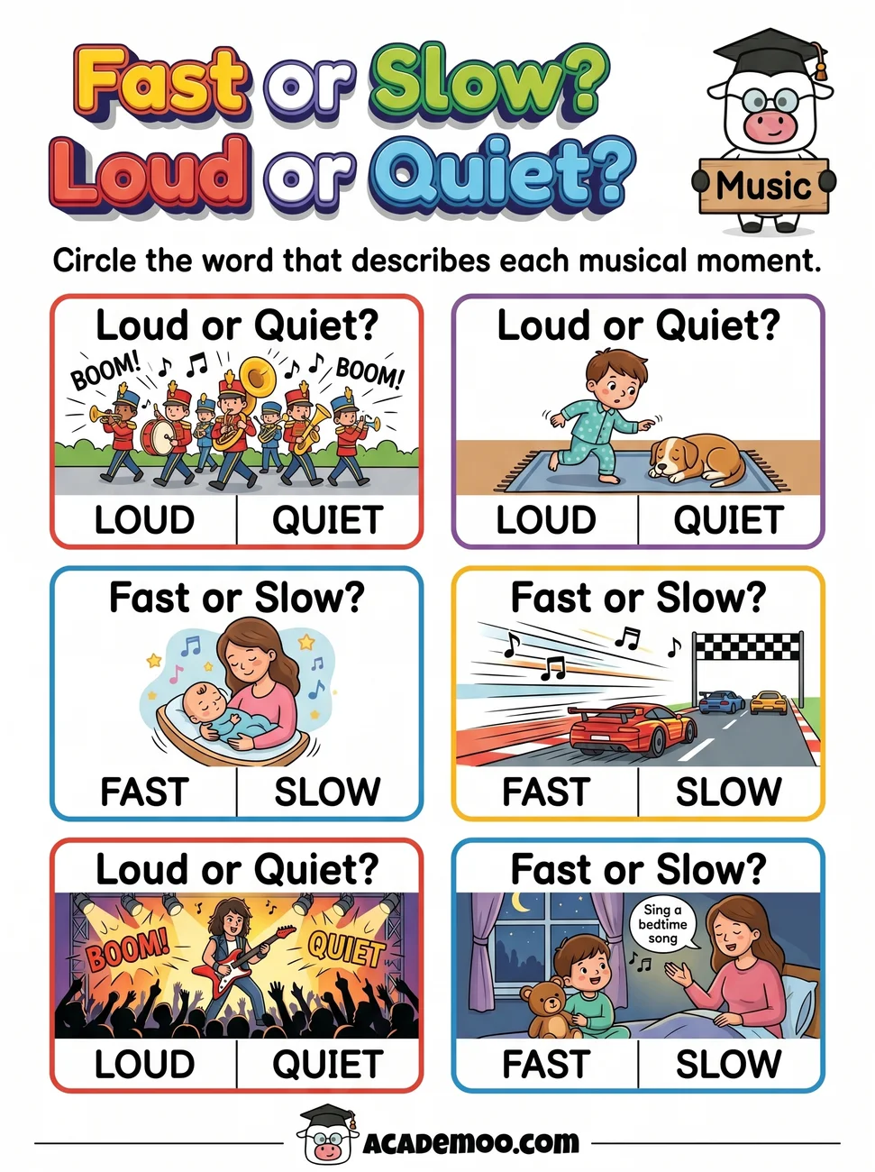 Fast Slow Loud Quiet worksheet pre-k language arts printable PDF · Free printable fast slow loud quiet worksheet for Pre-K.