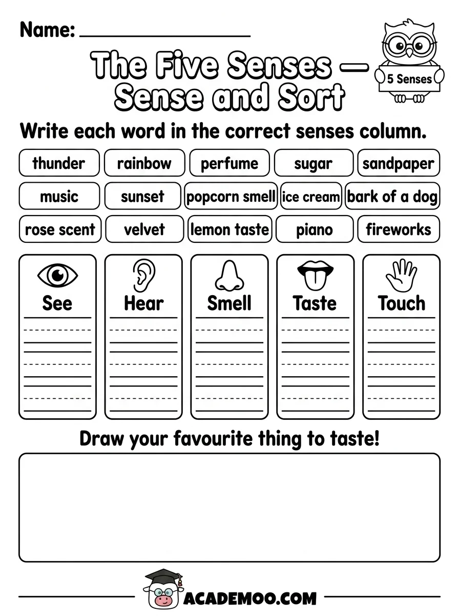 Five Senses Sense and Sort worksheet kindergarten science printable PDF · Printable five senses sense and sort worksheet for Kindergarten.