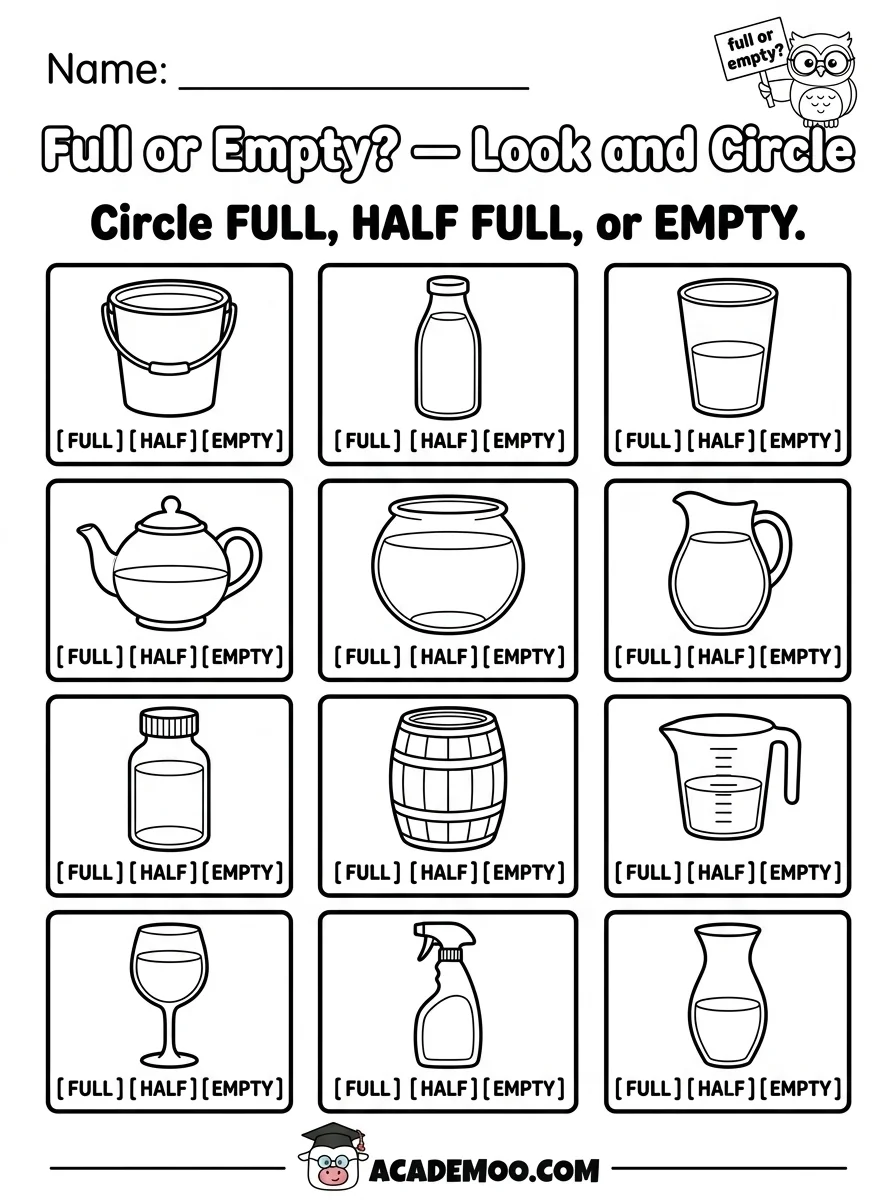 Full or Empty Look and Circle worksheet pre-k math printable PDF · Free printable Full or Empty Look and Circle worksheet for Pre-K.