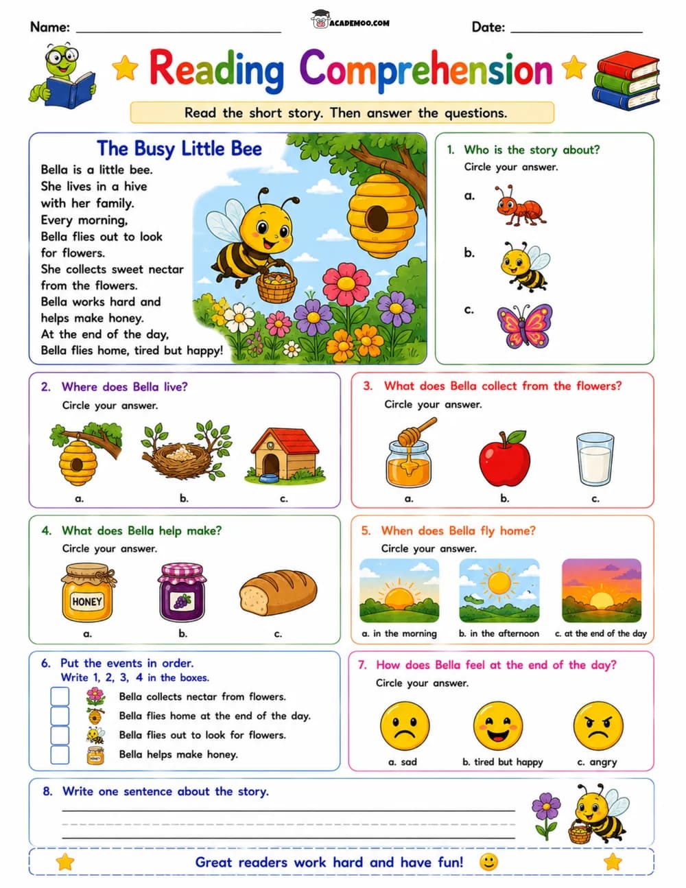 The Busy Little Bee Reading Comprehension worksheet 1st grade language arts printable PDF · Printable the busy little bee reading comprehension worksheet for 1st Grade.