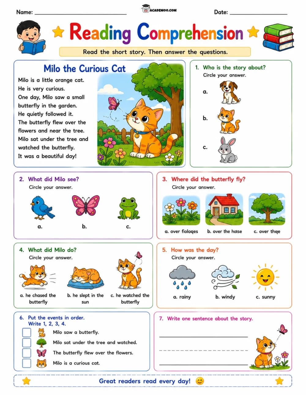 Milo the Curious Cat Reading Comprehension worksheet 1st grade language arts printable PDF · Printable milo the curious cat reading comprehension worksheet for 1st Grade.