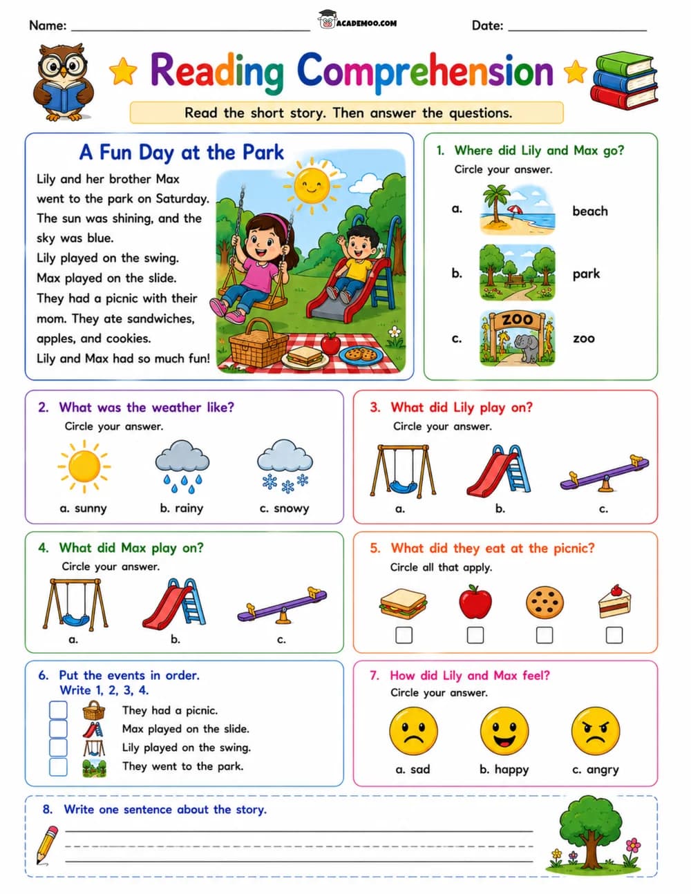 A Fun Day at the Park Reading Comprehension worksheet 1st grade language arts printable PDF · Printable a fun day at the park reading comprehension worksheet for 1st Grade.