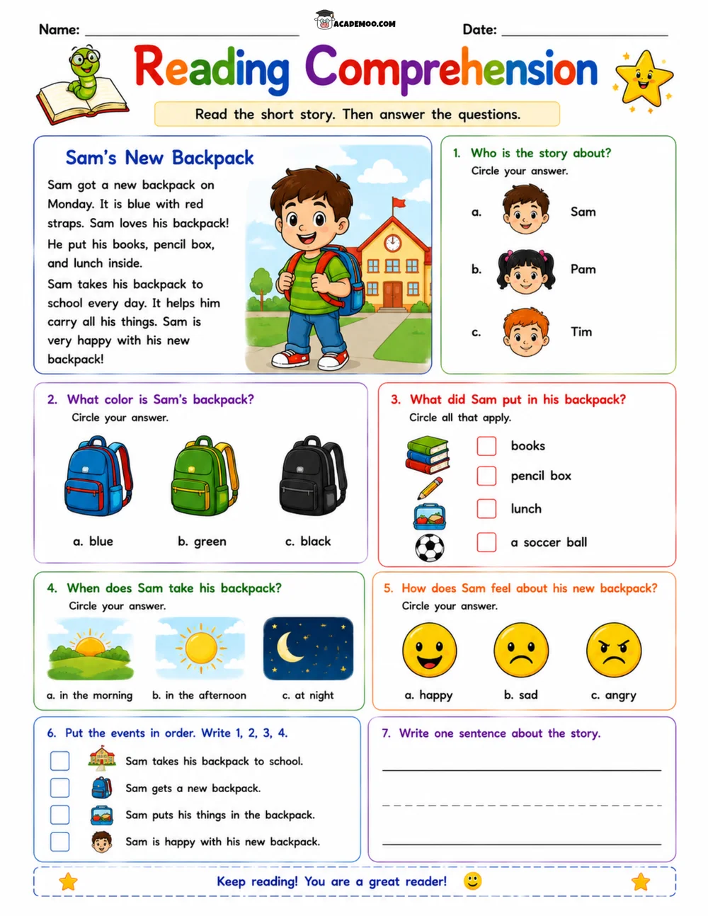 Sam's New Backpack Reading Comprehension worksheet 1st grade language arts printable PDF · Printable sam's new backpack reading comprehension worksheet for 1st Grade.