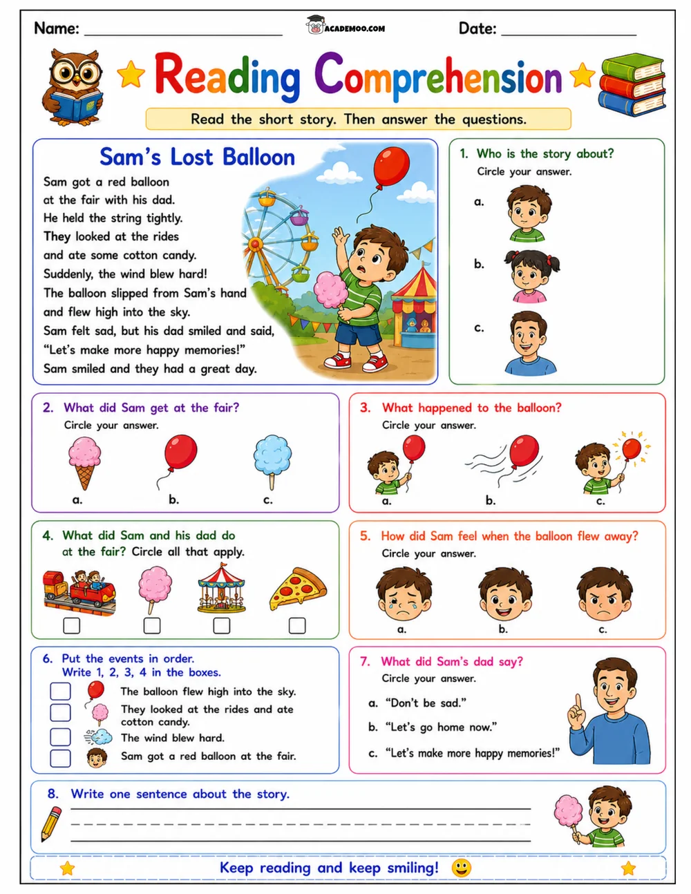Sam's Lost Balloon Reading Comprehension worksheet 1st grade language arts printable PDF · Printable sam's lost balloon reading comprehension worksheet for 1st Grade.