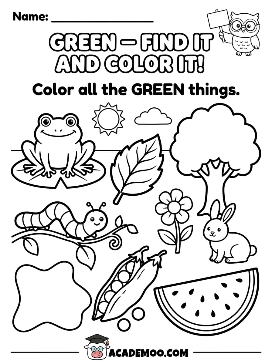 Green Find It and Color It worksheet pre-k math printable PDF · Printable green find it and color it worksheet for Pre-K.