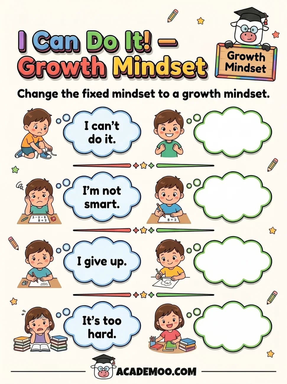 Growth Mindset I Can Do It worksheet 1st grade language arts printable PDF · Free printable growth mindset i can do it worksheet for 1st Grade.