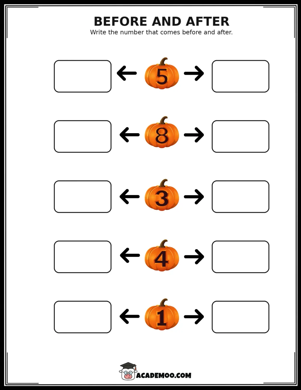 Halloween Before and After worksheet kindergarten math printable PDF · Printable halloween before and after worksheet for Kindergarten.