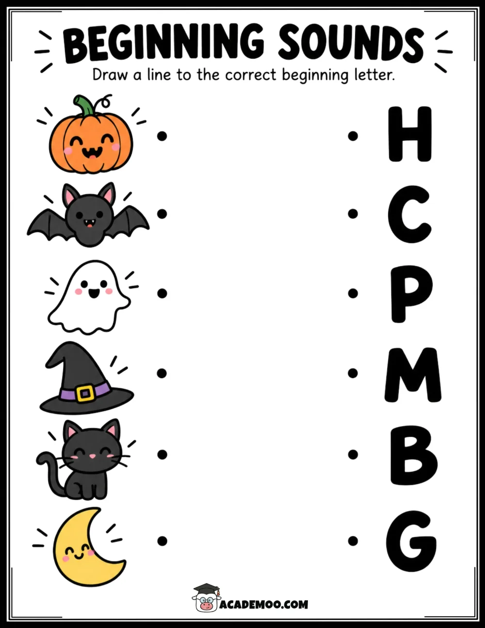 Halloween Beginning Sounds worksheet kindergarten language arts printable PDF · Printable halloween beginning sounds worksheet for Kindergarten.