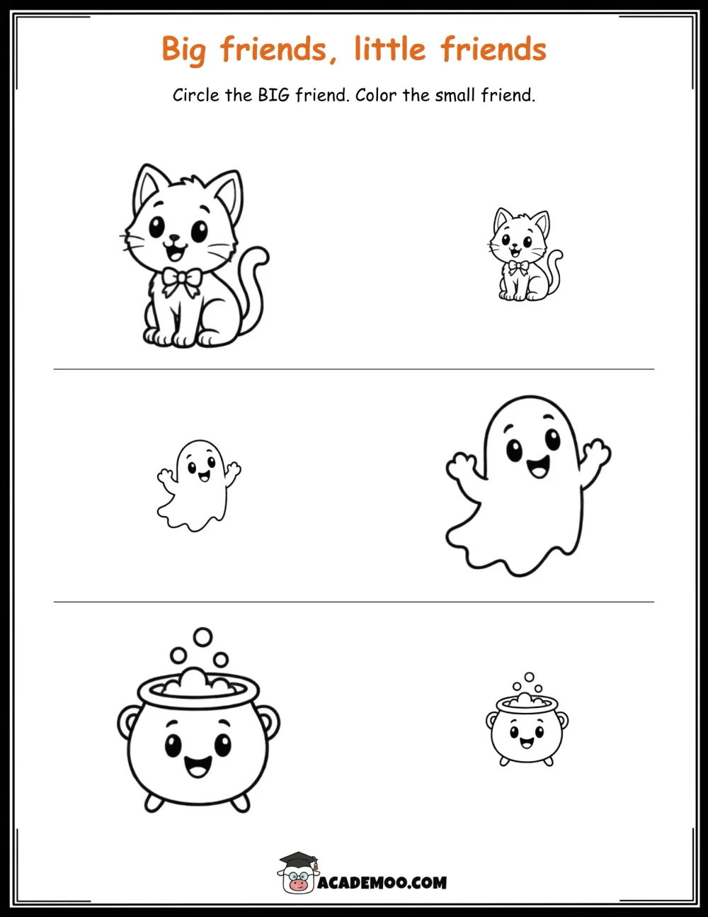 Halloween Big Friends, Little Friends worksheet pre-k math printable PDF · Printable halloween big friends, little friends worksheet for Pre-K.