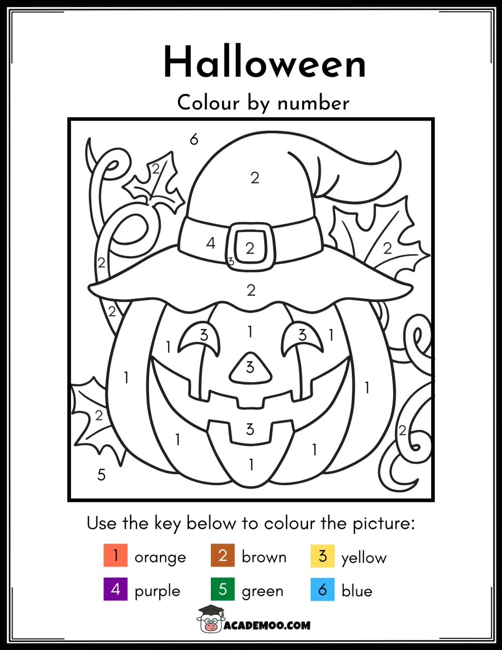 Halloween Color by Number worksheet kindergarten math printable PDF · Printable halloween color by number worksheet for Kindergarten.