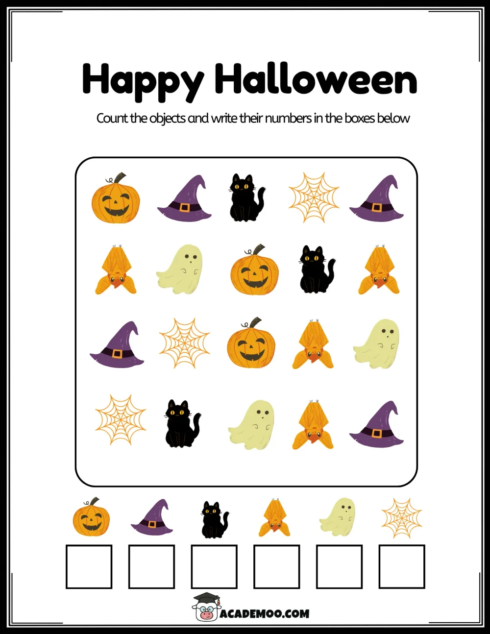Halloween Happy Halloween: Count the Objects worksheet pre-k math printable PDF · Printable halloween happy halloween: count the objects worksheet for Pre-K.
