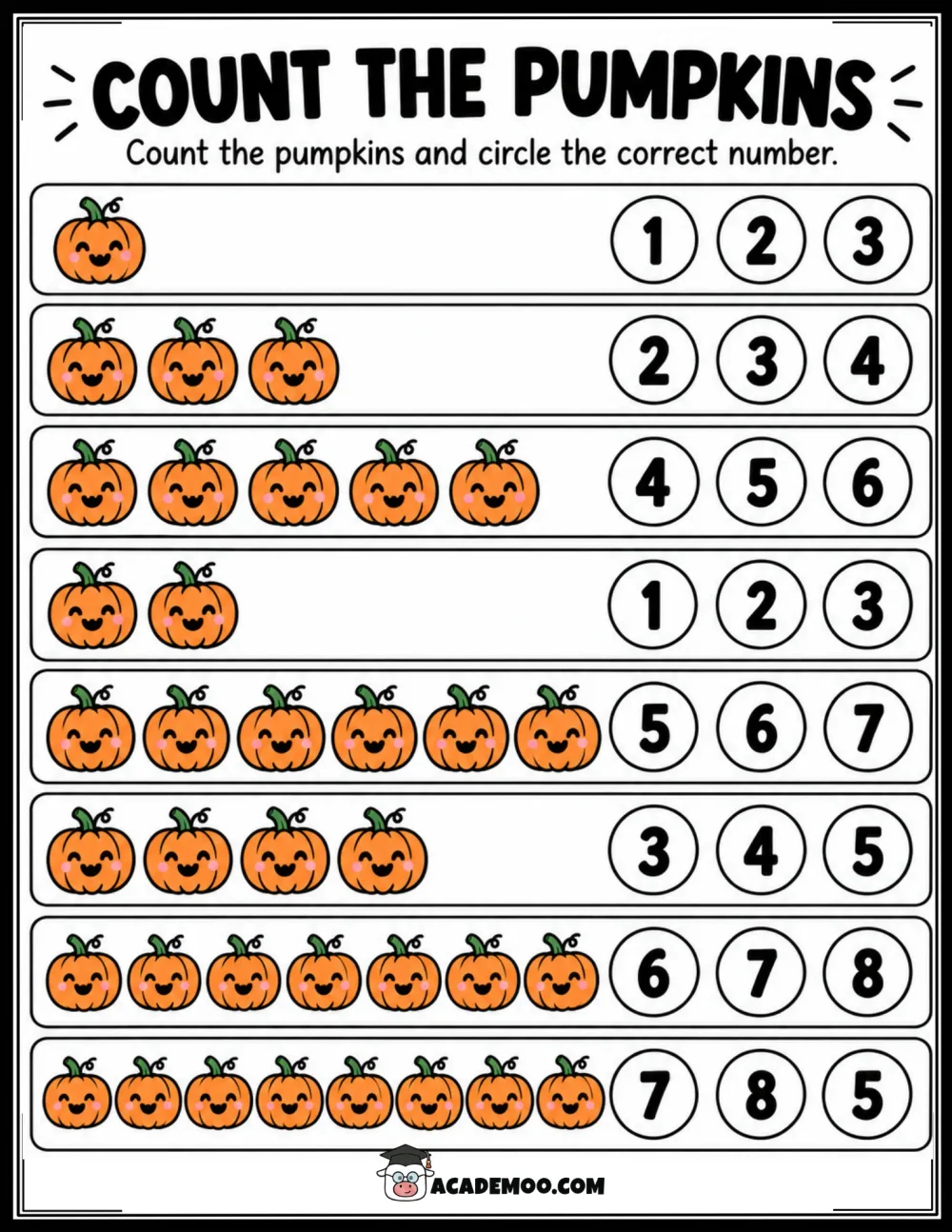 Halloween Count the Pumpkins worksheet pre-k math printable PDF · Printable halloween count the pumpkins worksheet for Pre-K.