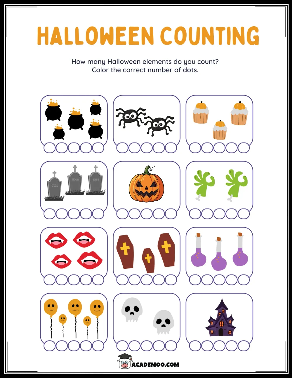 Halloween Counting: Color the Dots worksheet pre-k math printable PDF · Printable halloween counting: color the dots worksheet for Pre-K.