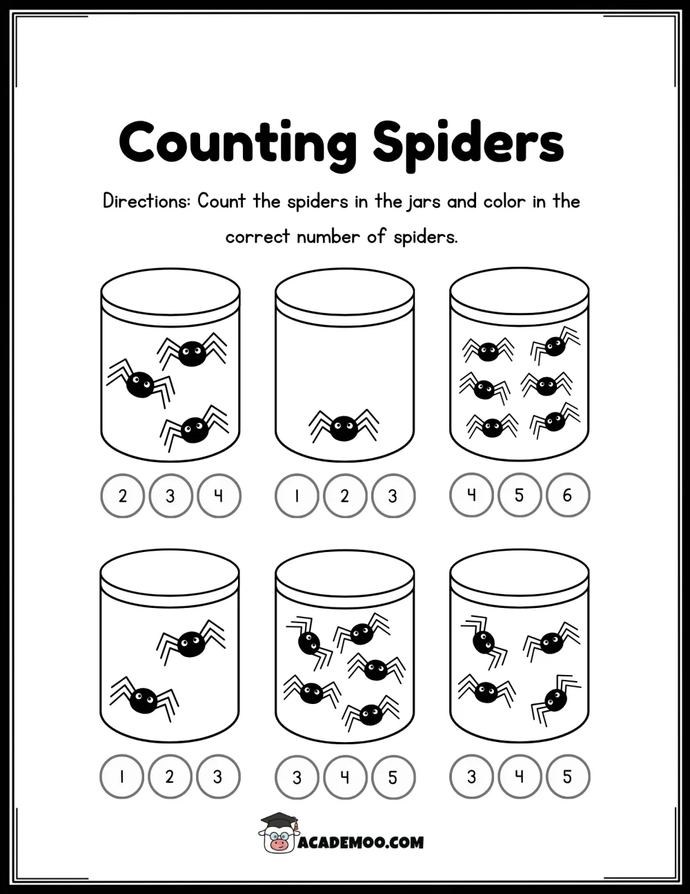 Halloween Counting Spiders worksheet pre-k math printable PDF · Printable halloween counting spiders worksheet for Pre-K.