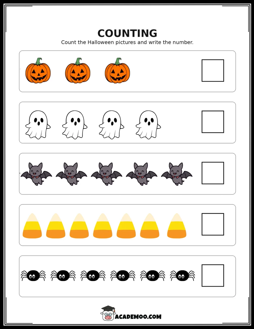 Halloween Counting: Write the Number worksheet pre-k math printable PDF · Printable halloween counting: write the number worksheet for Pre-K.