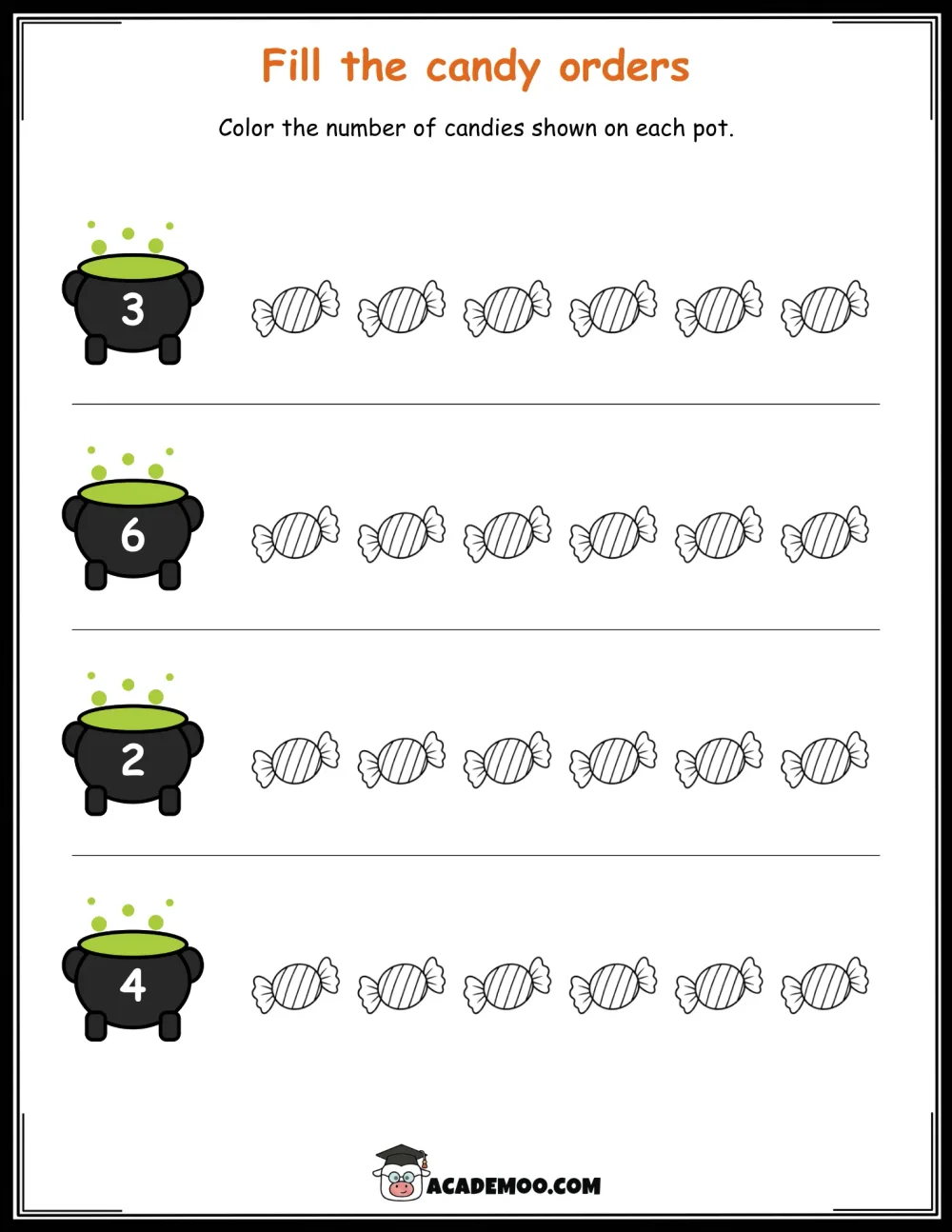 Halloween Fill the Candy Orders worksheet pre-k math printable PDF · Printable halloween fill the candy orders worksheet for Pre-K.