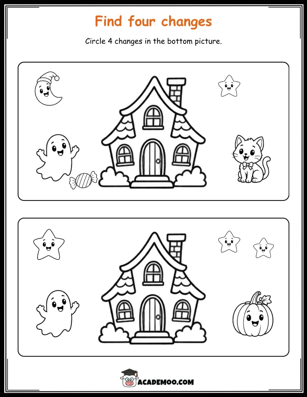Halloween Find Four Changes worksheet kindergarten math printable PDF · Printable halloween find four changes worksheet for Kindergarten.