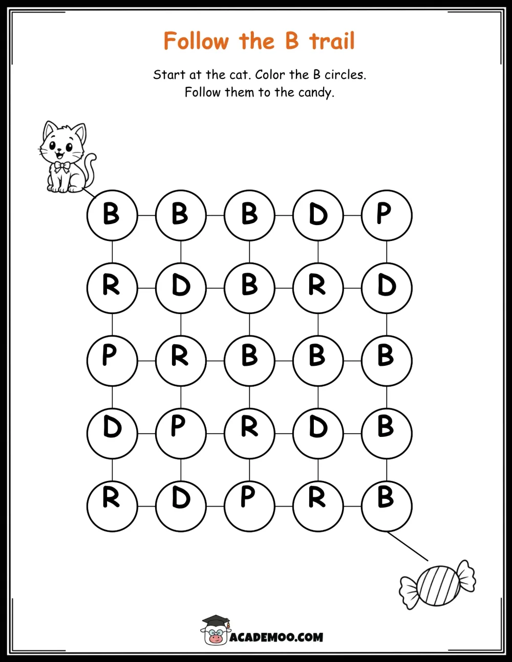 Halloween Follow the B Trail worksheet kindergarten language arts printable PDF · Printable halloween follow the b trail worksheet for Kindergarten.