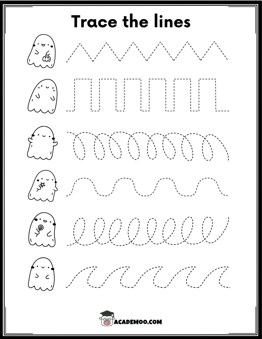 Halloween Ghost Line Tracing worksheet pre-k language arts printable PDF · Printable halloween ghost line tracing worksheet for Pre-K.