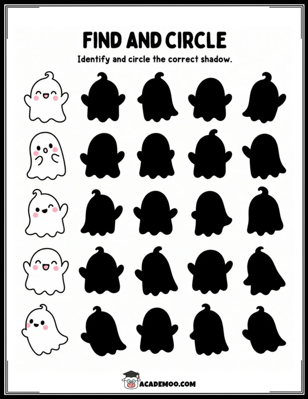 Halloween Ghost Shadows: Find and Circle worksheet pre-k math printable PDF · Printable halloween ghost shadows: find and circle worksheet for Pre-K.