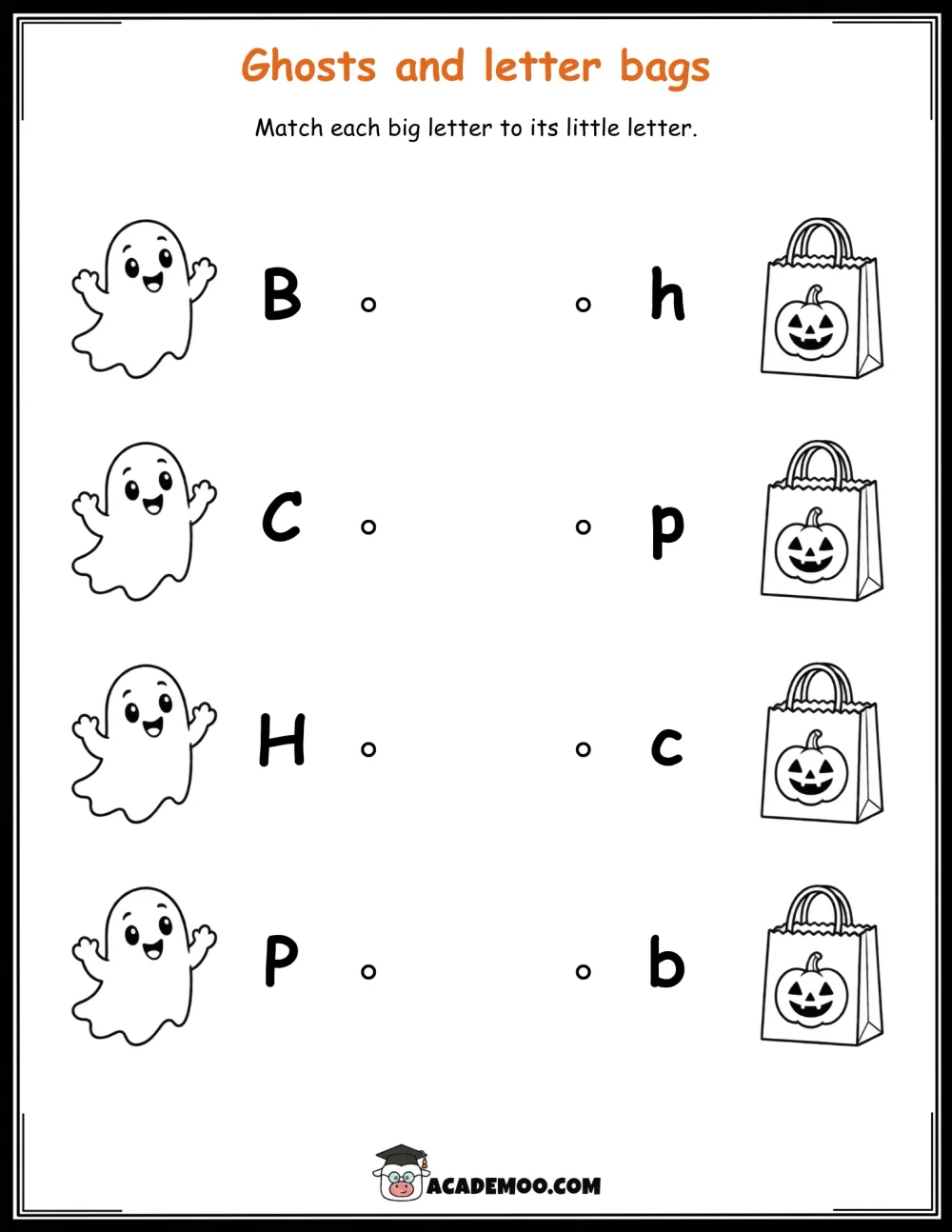 Halloween Ghosts and Letter Bags worksheet kindergarten language arts printable PDF · Printable halloween ghosts and letter bags worksheet for Kindergarten.