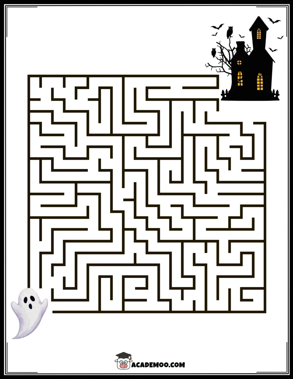 Halloween Haunted House Maze worksheet kindergarten math printable PDF · Printable halloween haunted house maze worksheet for Kindergarten.