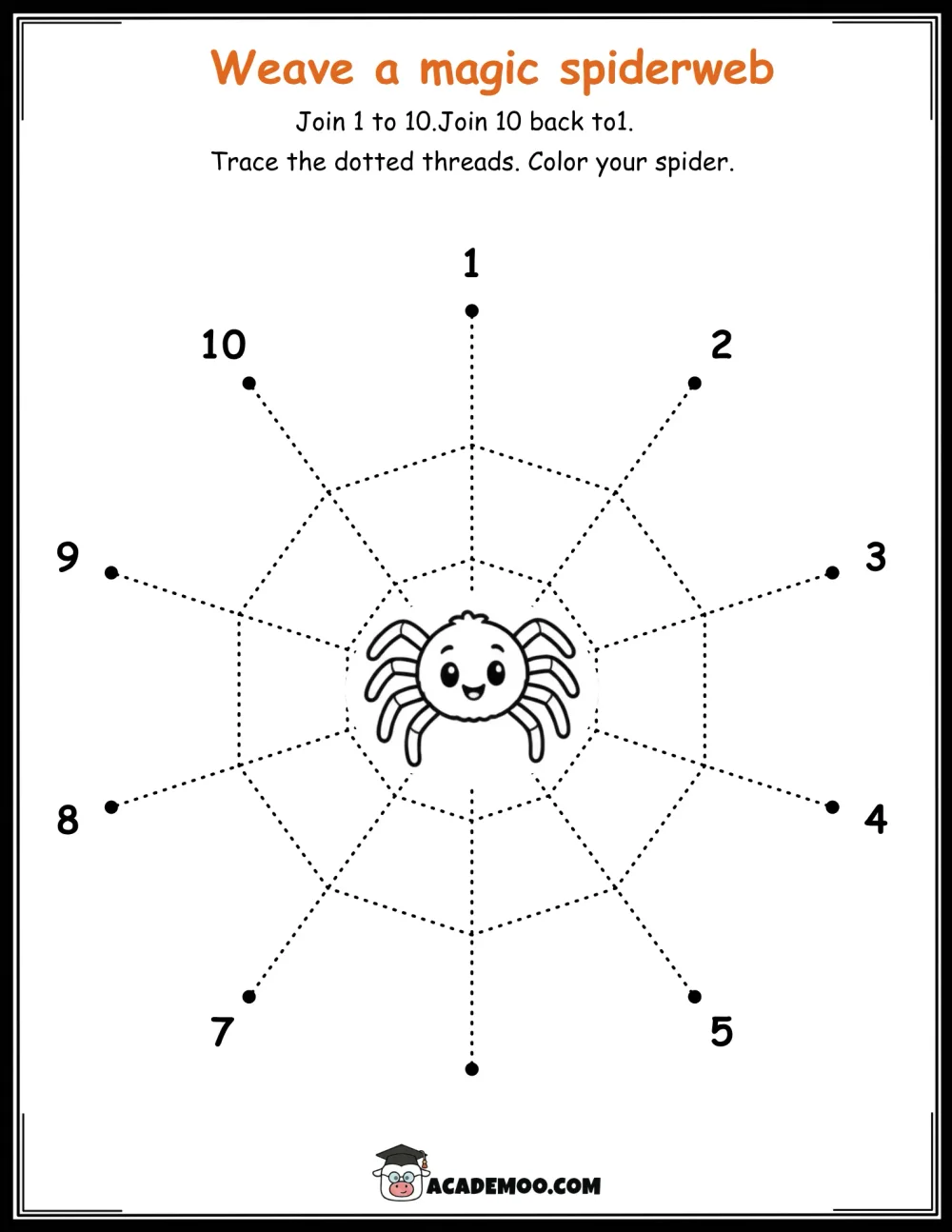 Halloween Weave a Magic Spiderweb worksheet pre-k math printable PDF · Printable halloween weave a magic spiderweb worksheet for Pre-K.