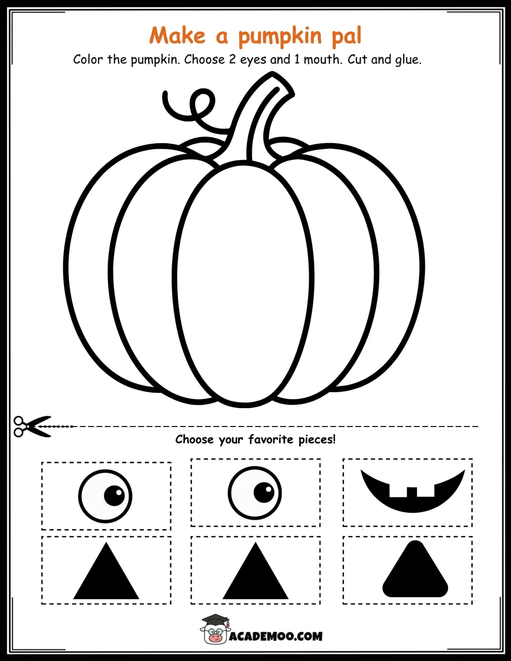 Halloween Make a Pumpkin Pal worksheet pre-k language arts printable PDF · Printable halloween make a pumpkin pal worksheet for Pre-K.