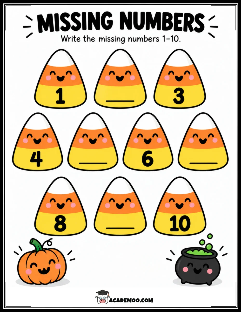 Halloween Missing Numbers 1-10 worksheet pre-k math printable PDF · Printable halloween missing numbers 1-10 worksheet for Pre-K.