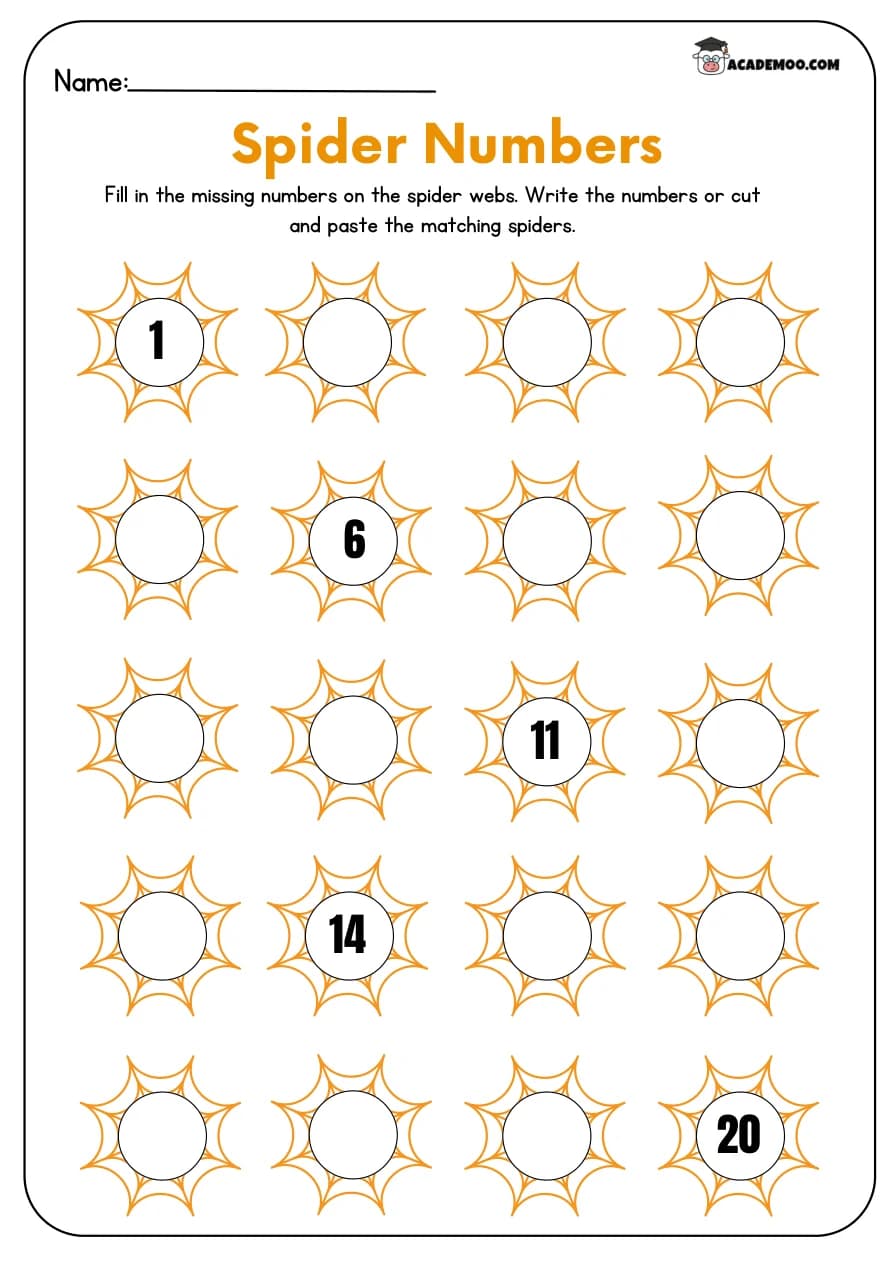 Halloween Missing Numbers 1 to 20 worksheet kindergarten math printable PDF · Free printable Halloween missing numbers worksheet for kindergarten.