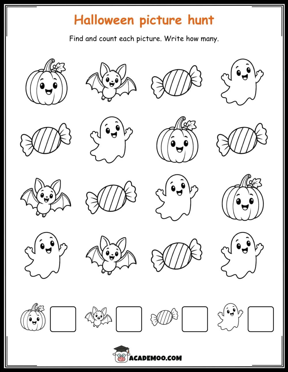 Halloween Picture Hunt worksheet pre-k math printable PDF · Printable halloween picture hunt worksheet for Pre-K.