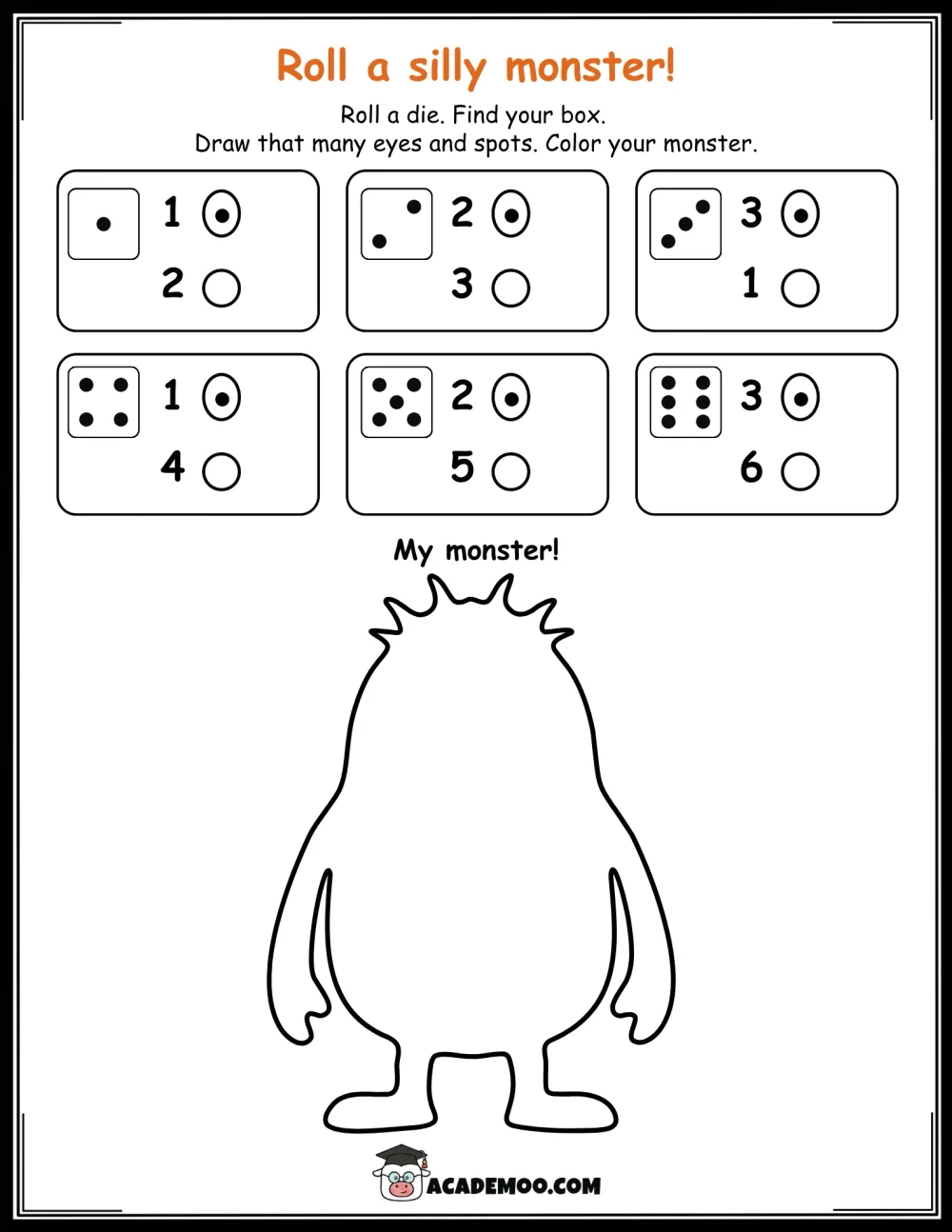 Halloween Roll a Silly Monster worksheet kindergarten math printable PDF · Printable halloween roll a silly monster worksheet for Kindergarten.