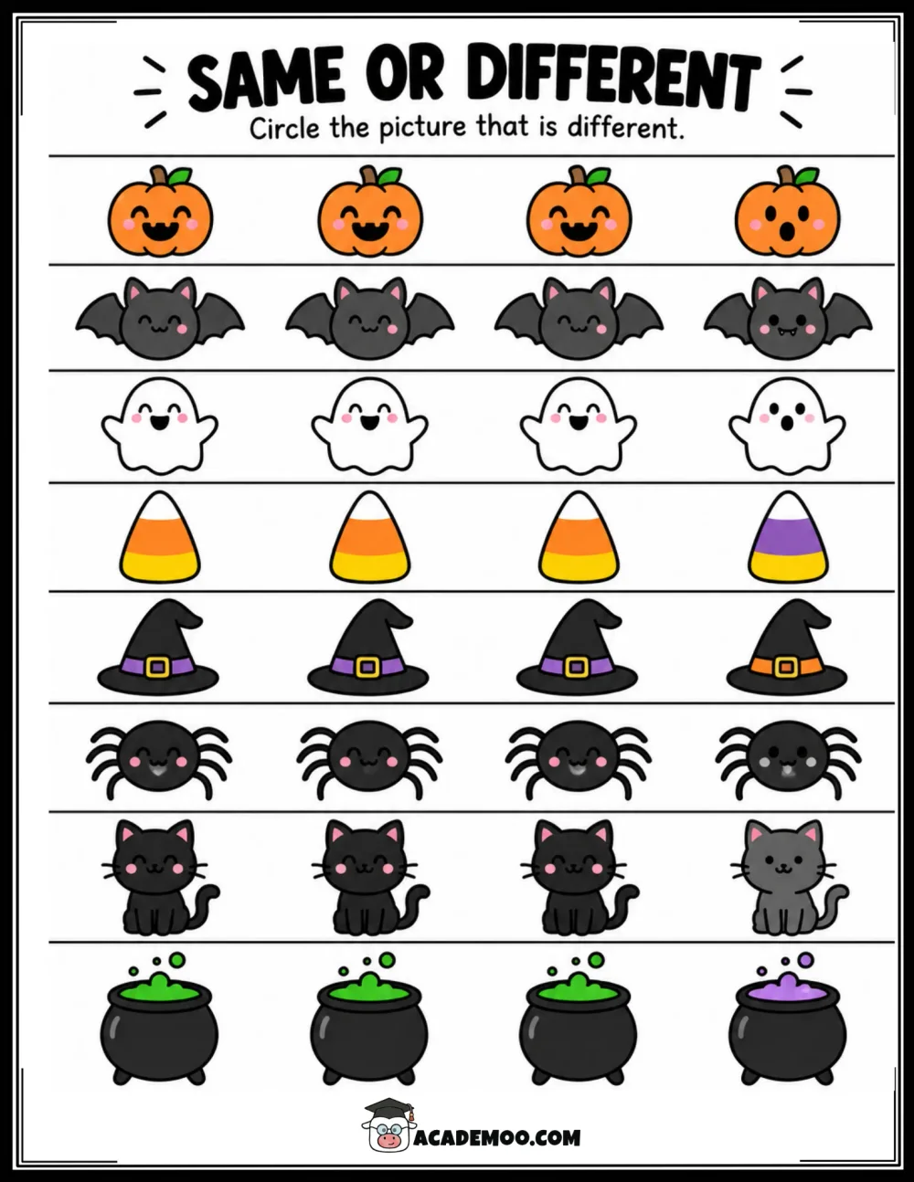 Halloween Same or Different worksheet pre-k math printable PDF · Printable halloween same or different worksheet for Pre-K.