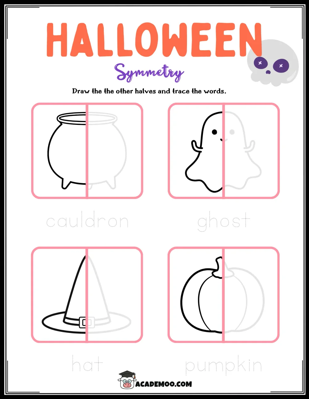 Halloween Symmetry worksheet kindergarten math printable PDF · Printable halloween symmetry worksheet for Kindergarten.